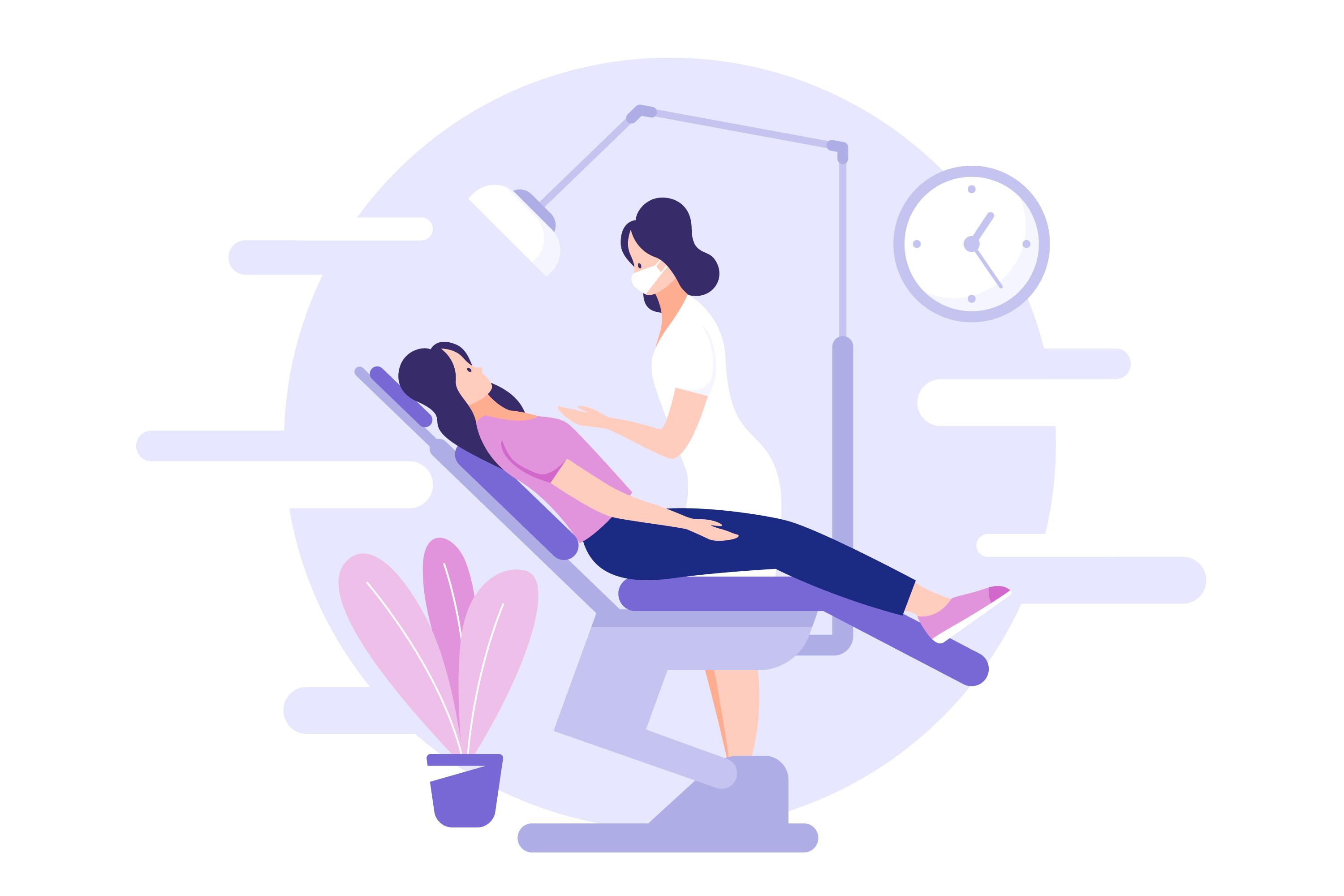 illustration of a person lying in a dentist's chair and another person
            standing next to them, apparently performing a dental procedure.
            The environment is clean and calm, with a clock on the wall and a
            plant on the floor