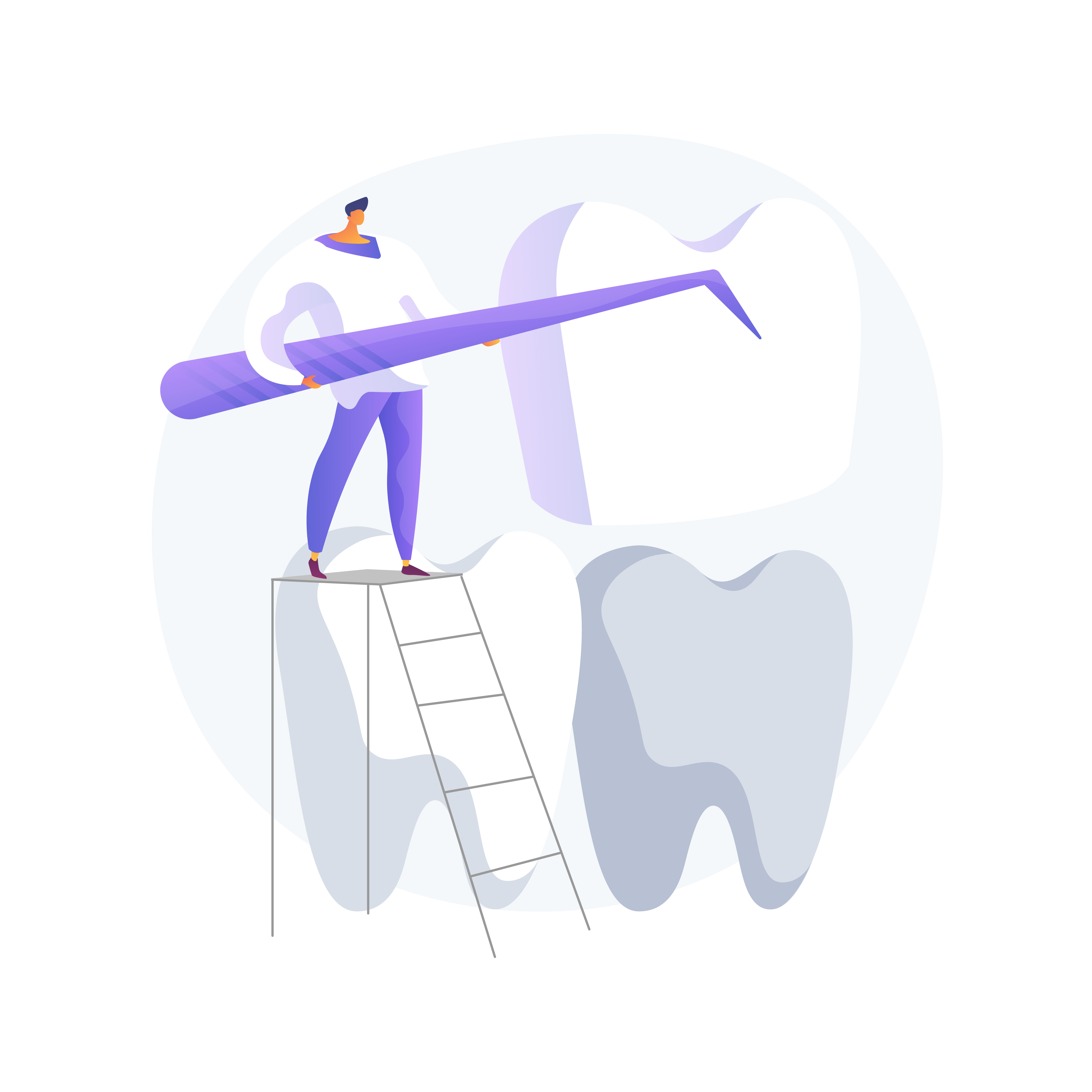 stylized illustration of a small man, dressed in purple clothing and a
              helmet, who is standing on a ladder leaning against a large tooth.
              The man is using a giant dental cleaning tool to clean the tooth. The
              image has an artistic and colorful style, and appears to have an
              educational or informational purpose about dental care.